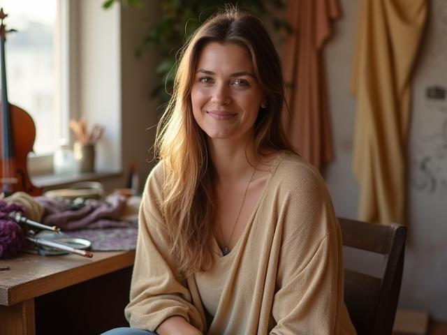 Founder of Melody Weave, Elara Vance, seated in her serene, light-filled studio, surrounded by flowing silk fabrics and subtle musical motifs, smiling warmly.