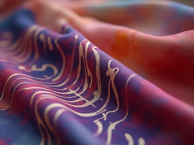 Close-up of a hand-dyed silk scarf with an intricate musical note motif