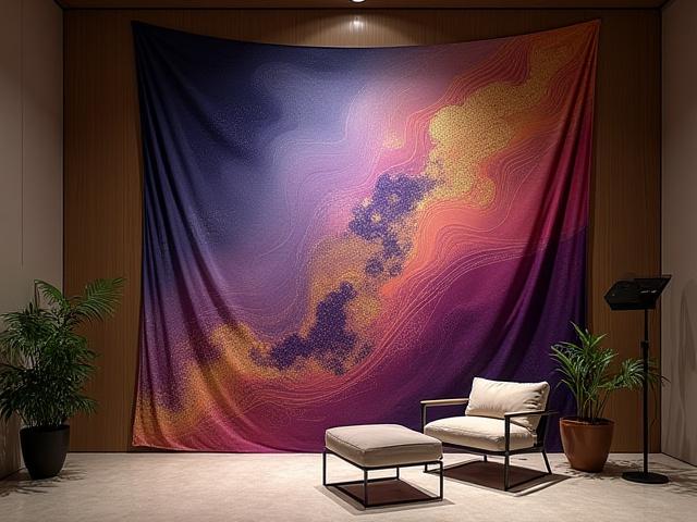 Large, custom silk tapestry with vibrant colors and abstract musical forms draped on a wall