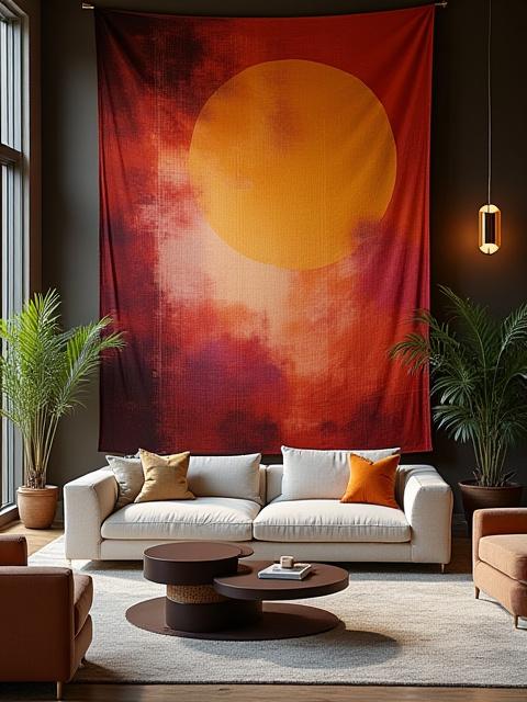 Large, custom hand-dyed silk tapestry with an abstract musical theme hanging in a luxurious living room.